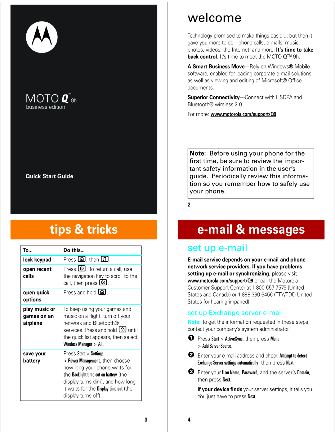Motorola MOTO Q9H quick start Tips & tricks Mail & messages, Set up e-mail, Set up Exchange server e-mail 