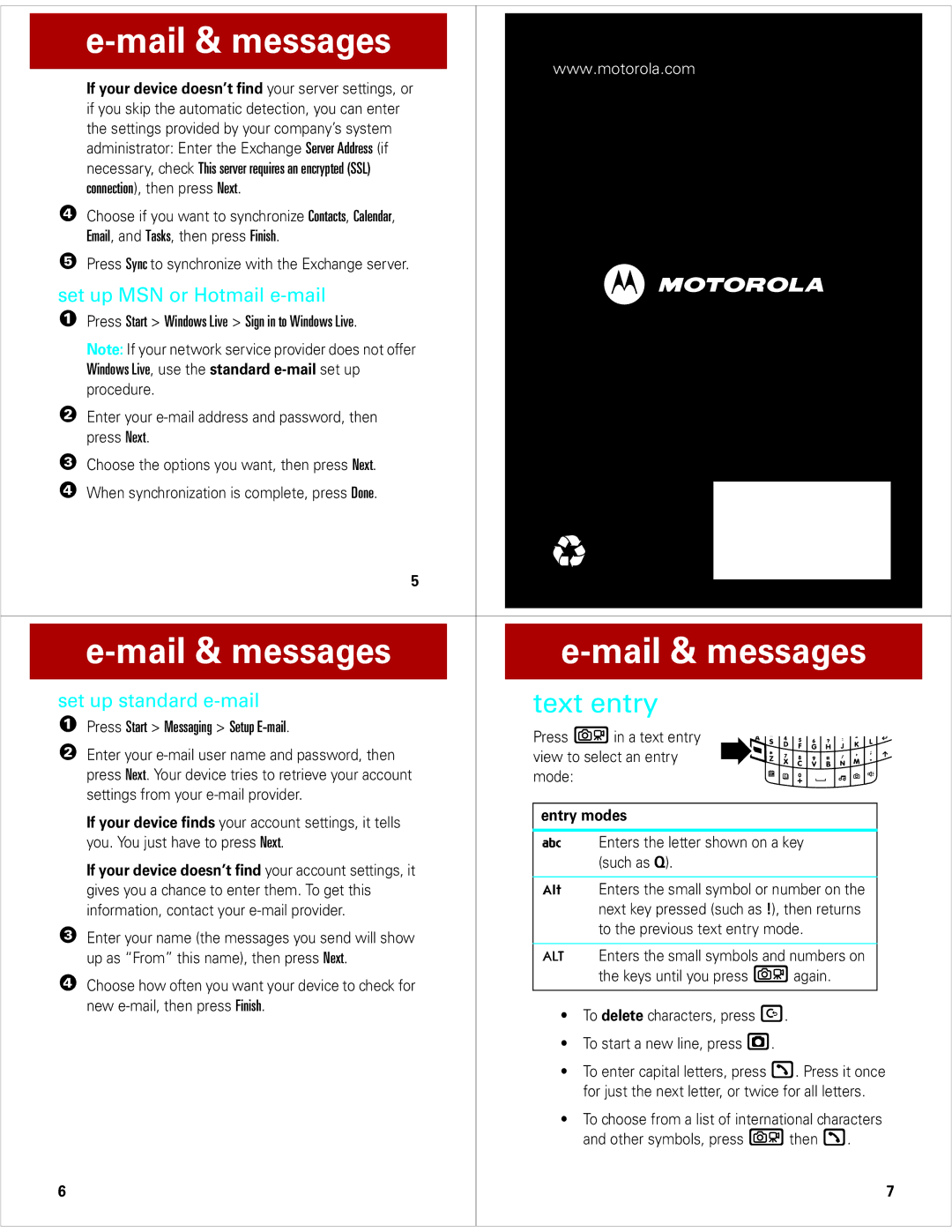 Motorola MOTO Q9H quick start Text entry, Set up MSN or Hotmail e-mail, Set up standard e-mail, Entry modes 