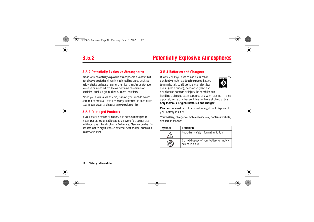 Motorola MOTO QTM manual Potentially Explosive Atmospheres, Damaged Products, Batteries and Chargers 