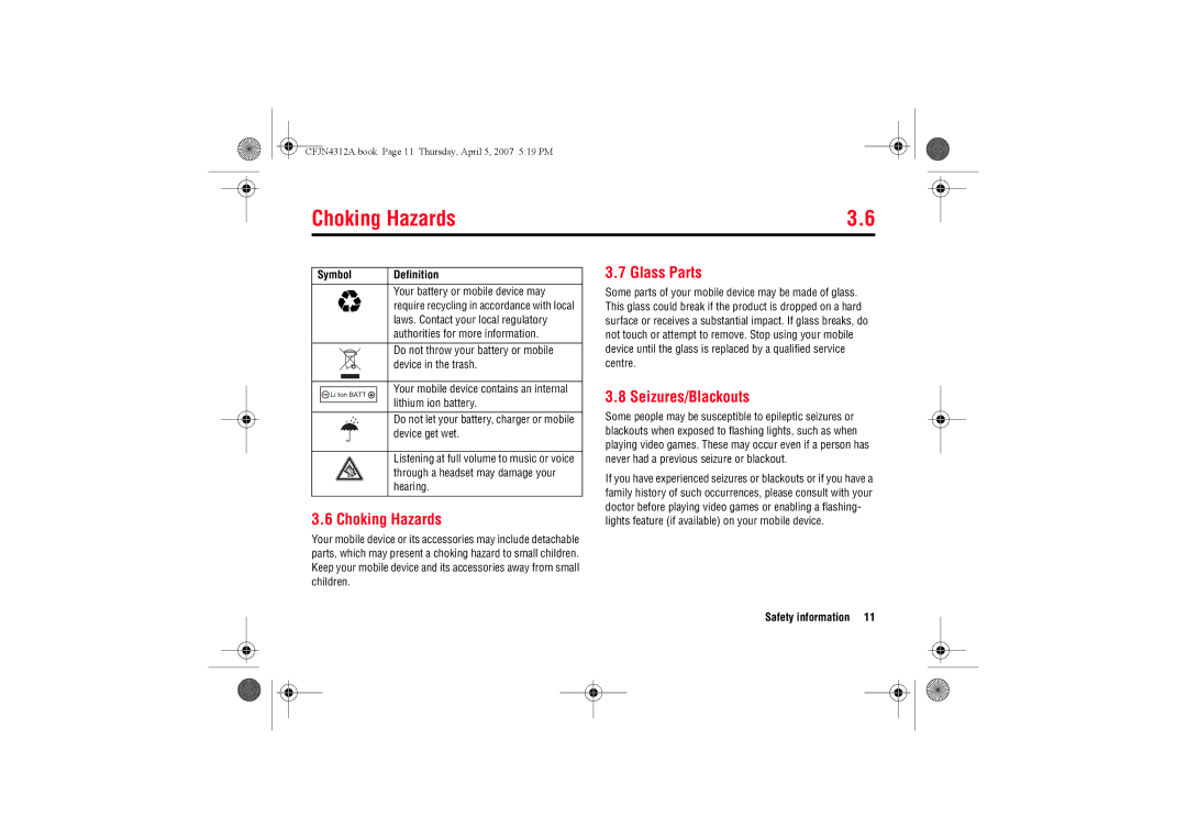 Motorola MOTO QTM manual Choking Hazards, Glass Parts, Seizures/Blackouts 