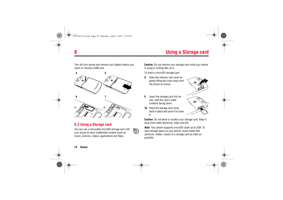 Motorola MOTO QTM manual Using a Storage card, To insert a microSD storage card, Phone as shown 