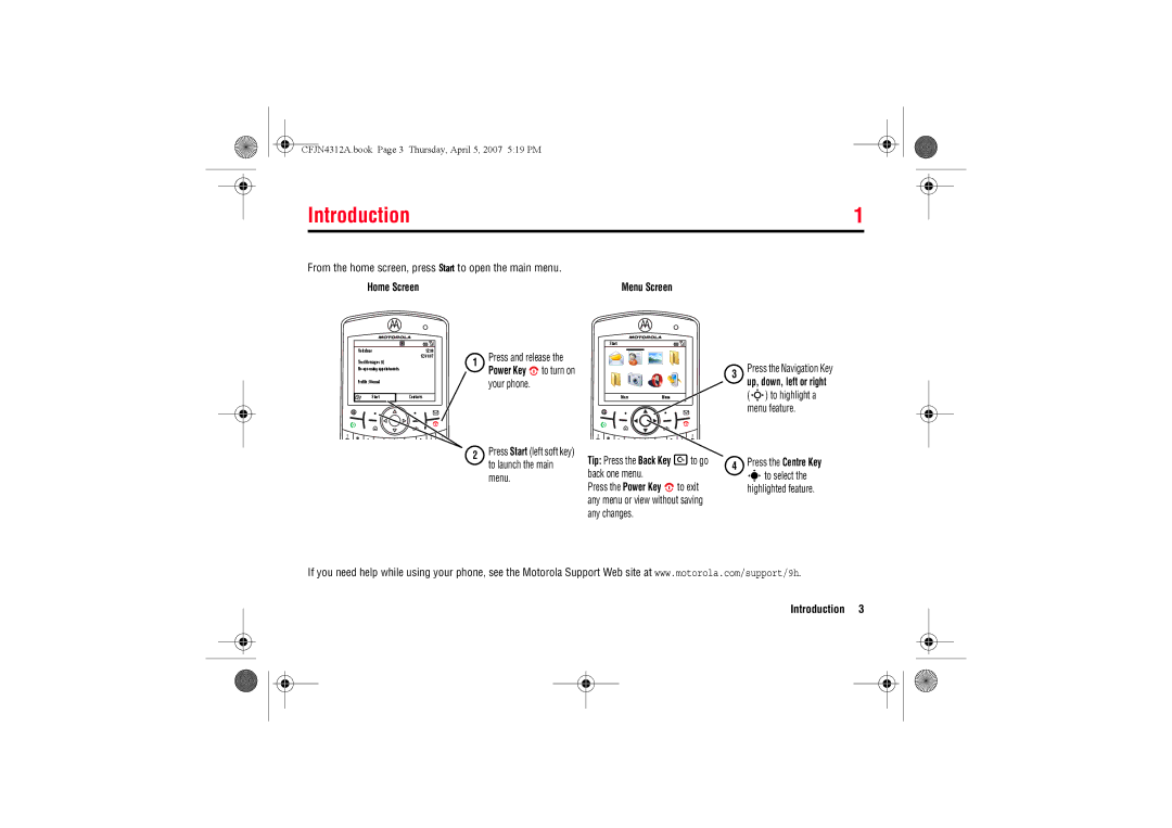 Motorola MOTO QTM manual Introduction1, From the home screen, press Start to open the main menu 