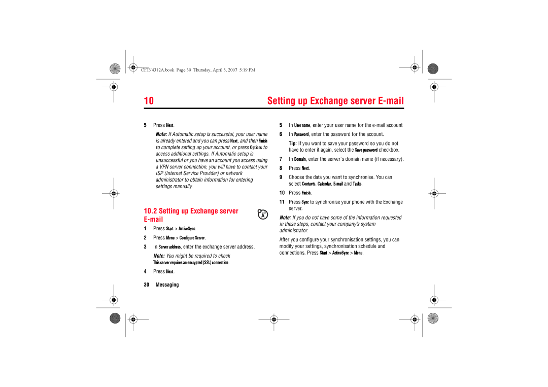 Motorola MOTO QTM manual Setting up Exchange server E-mail, Press Next, Press Start ActiveSync Press Menu Configure Server 