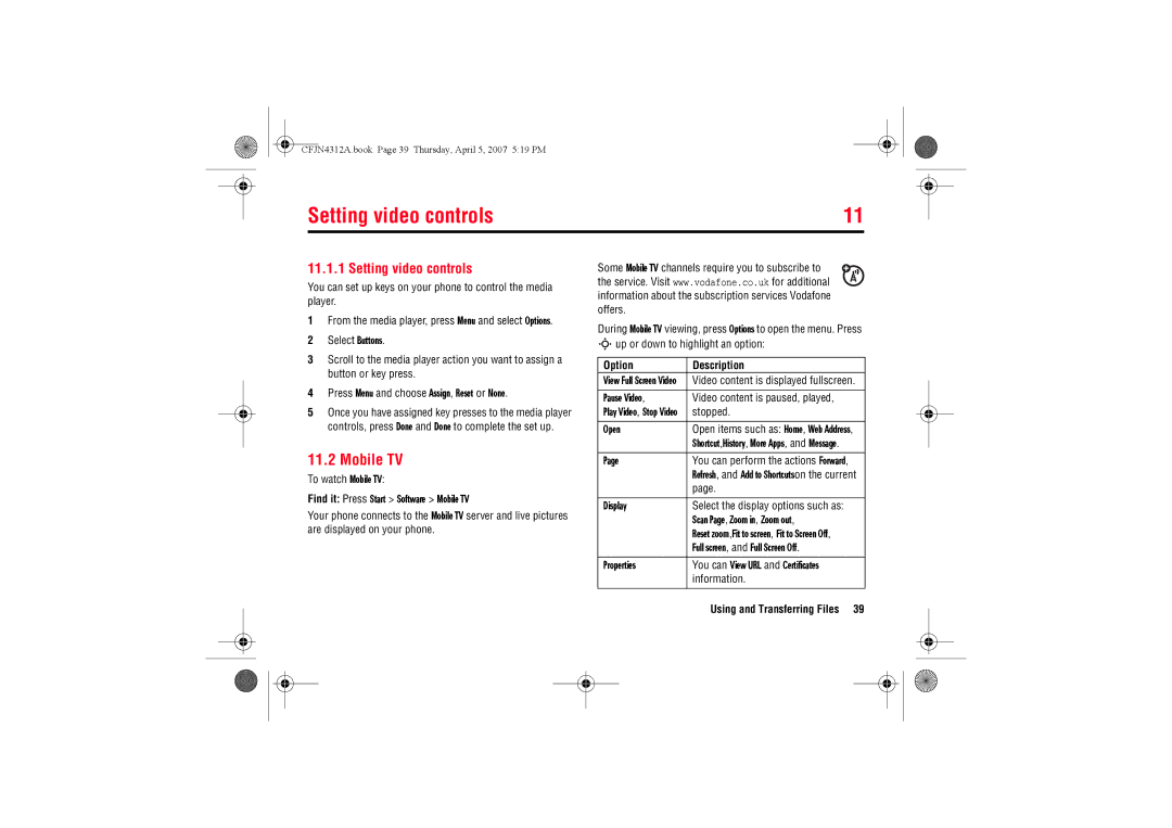 Motorola MOTO QTM manual Setting video controls, Mobile TV, Option Description 