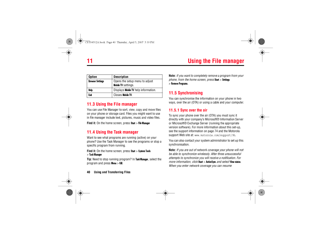 Motorola MOTO QTM manual Using the File manager, Using the Task manager, Synchronising, Sync over the air 