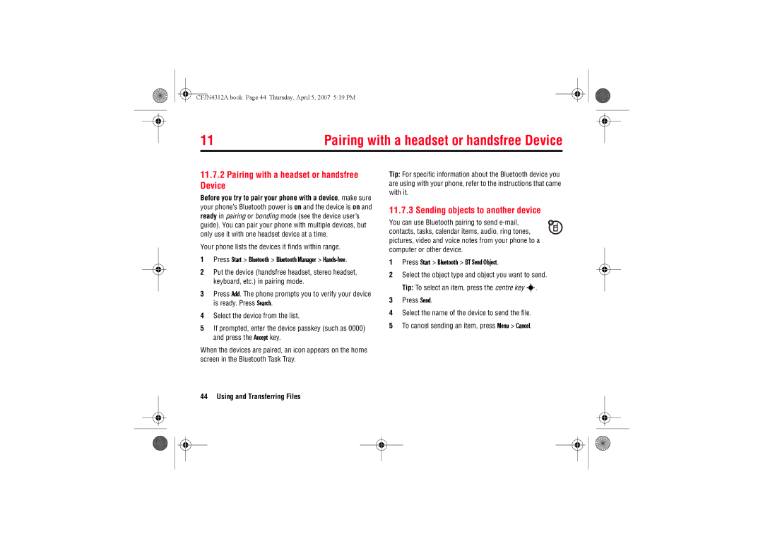 Motorola MOTO QTM manual Pairing with a headset or handsfree Device, Sending objects to another device 