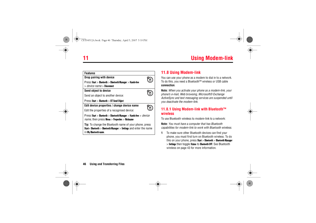 Motorola MOTO QTM manual Using Modem-link with Bluetooth wireless 