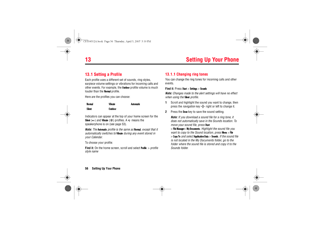 Motorola MOTO QTM manual Setting Up Your Phone, Setting a Profile, Changing ring tones, Silent Outdoor 