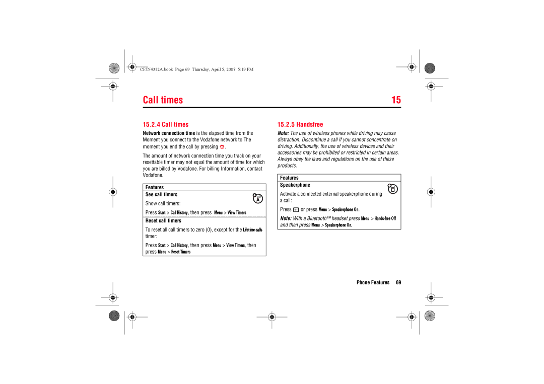 Motorola MOTO QTM manual Call times, Features See call timers, Reset call timers, Features Speakerphone 