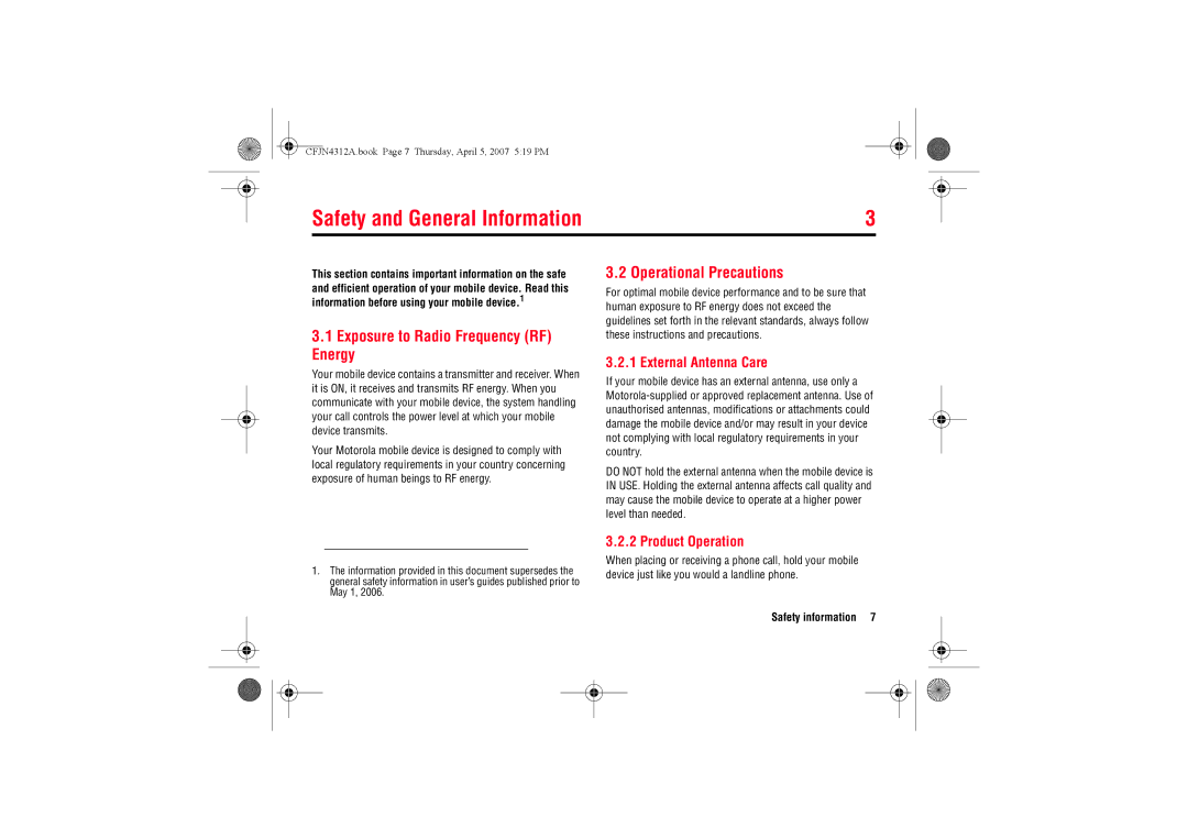 Motorola MOTO QTM manual Safety and General Information, Exposure to Radio Frequency RF Energy, Operational Precautions 