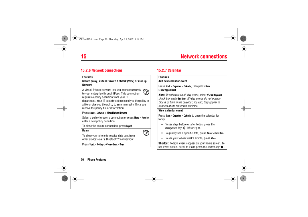 Motorola MOTO QTM manual Network connections, Calendar 