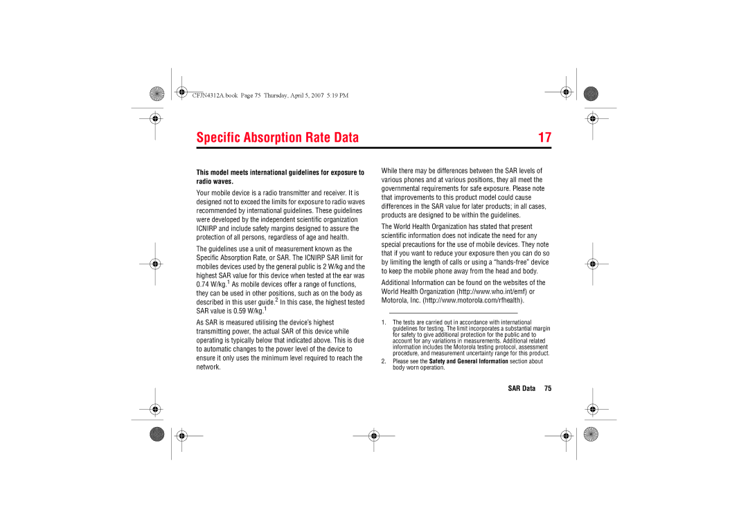 Motorola MOTO QTM manual Specific Absorption Rate Data, SAR Data 