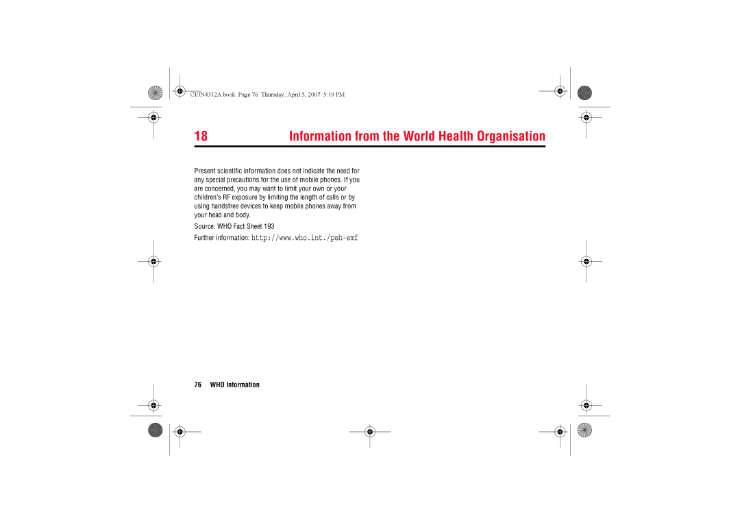 Motorola MOTO QTM manual Information from the World Health Organisation, Source WHO Fact Sheet, WHO Information 