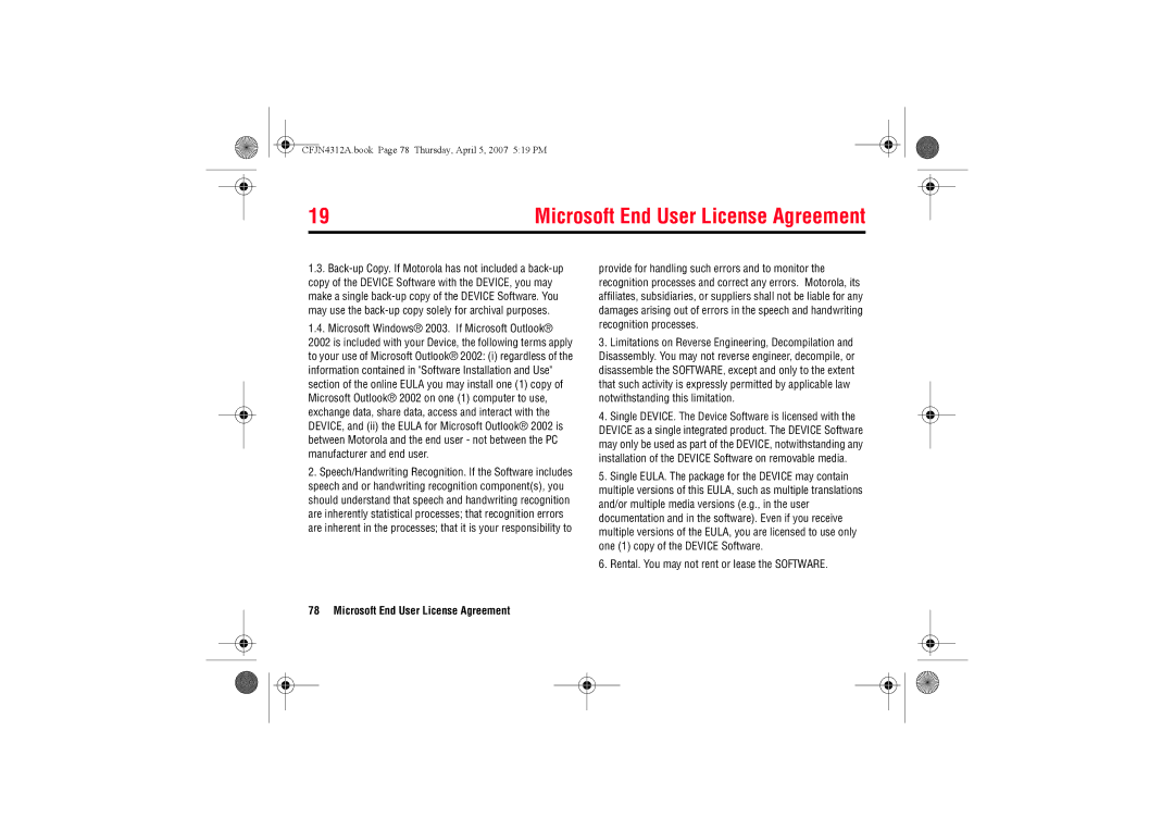 Motorola MOTO QTM manual Microsoft End User License Agreement, Microsoft Windows 2003. If Microsoft Outlook 