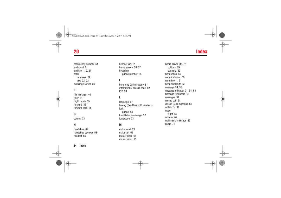 Motorola MOTO QTM manual Index, Media player 38, 72 buttons 39 controls 