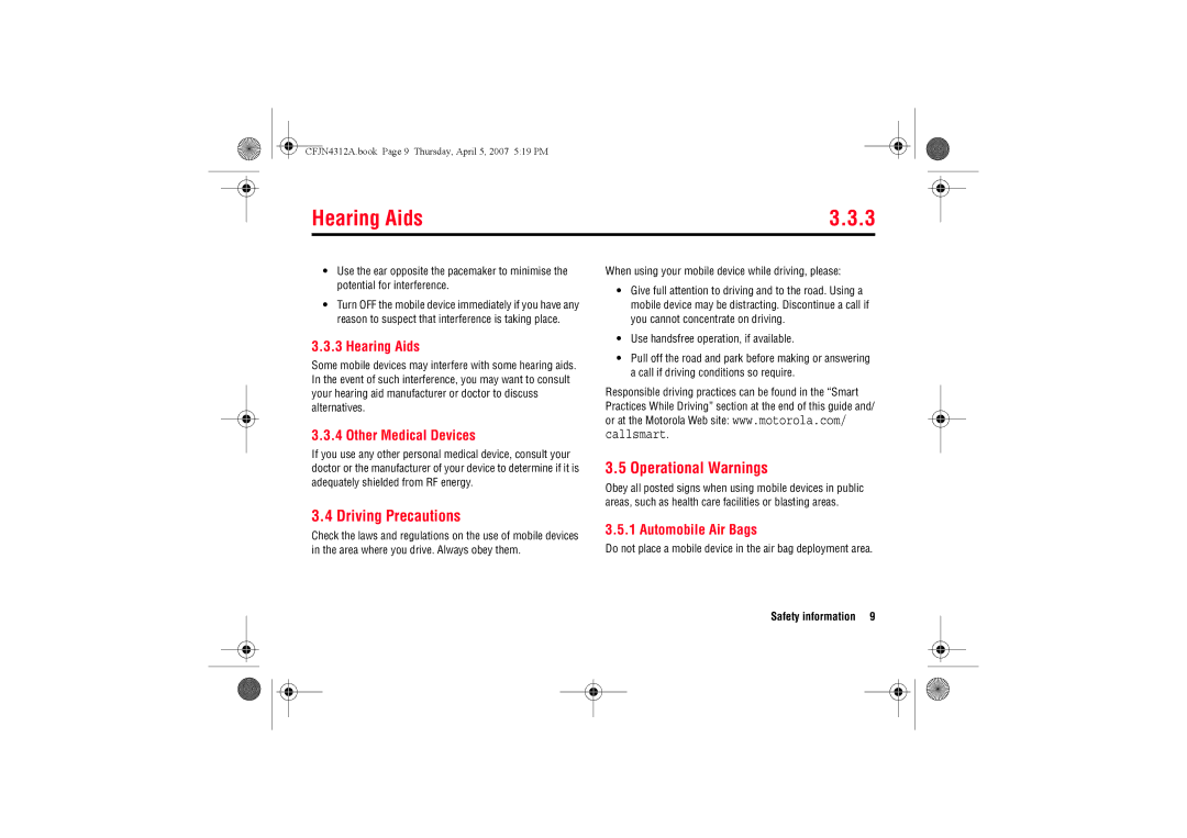 Motorola MOTO QTM manual Hearing Aids, Operational Warnings, Driving Precautions 