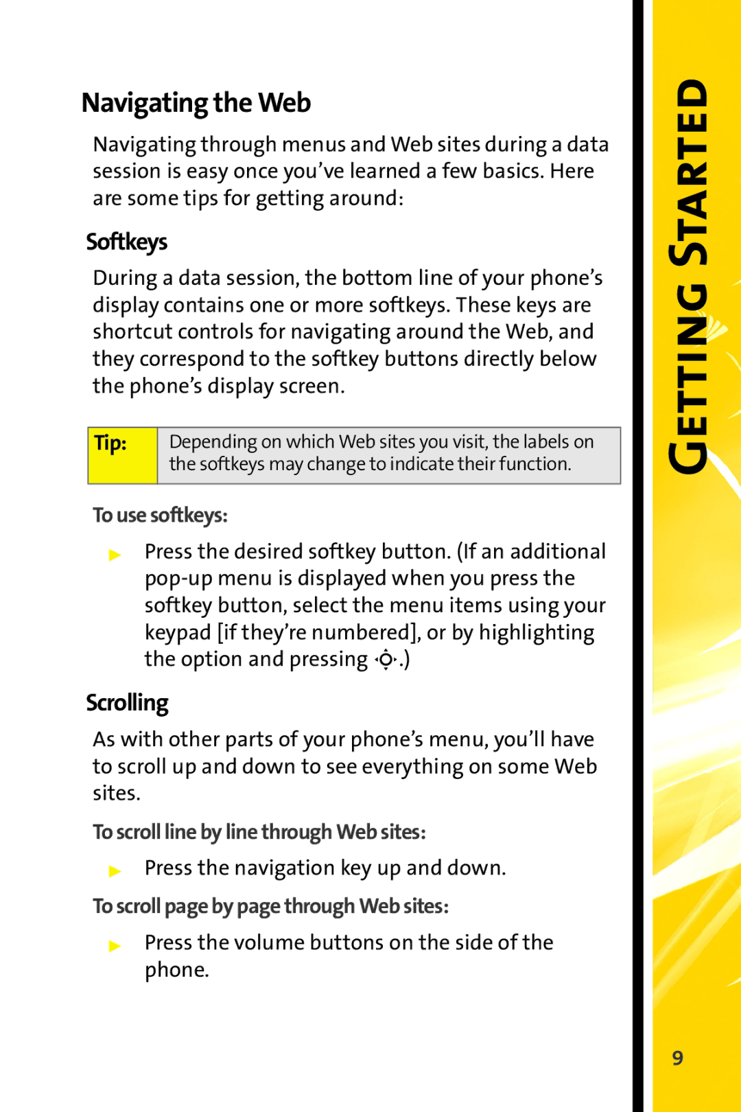 Motorola MOTORAZR V9m manual Navigating the Web, Softkeys, Scrolling 