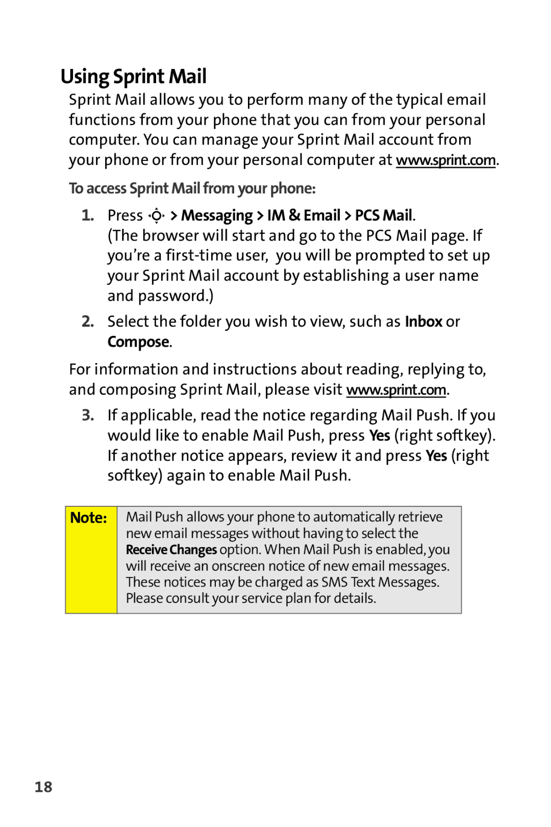 Motorola MOTORAZR V9m Using Sprint Mail, To access Sprint Mail from your phone, Press S Messaging IM & Email PCS Mail 