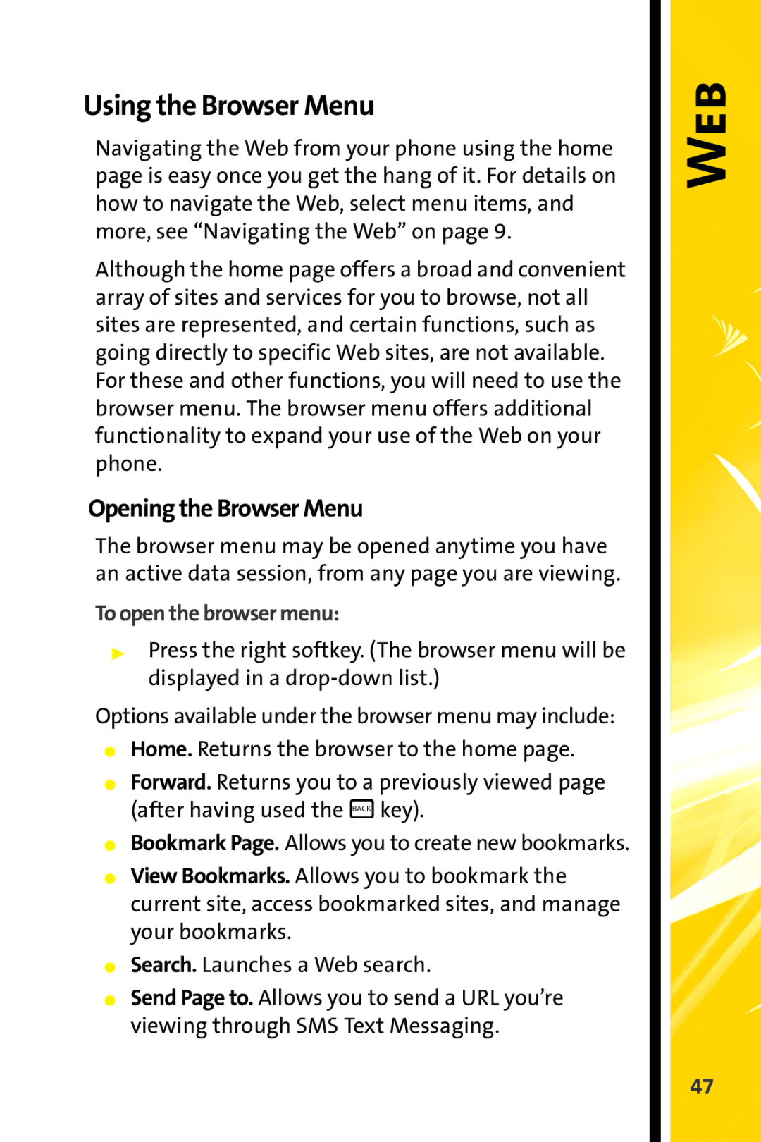 Motorola MOTORAZR V9m manual Web, Using the Browser Menu, Opening the Browser Menu, To open the browser menu 