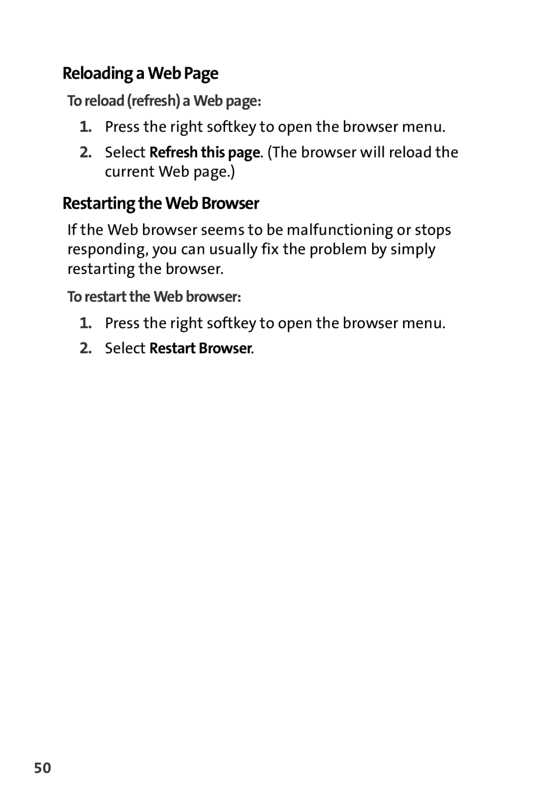 Motorola MOTORAZR V9m Reloading a Web, Restarting the Web Browser, To reload refresh a Web, To restart the Web browser 