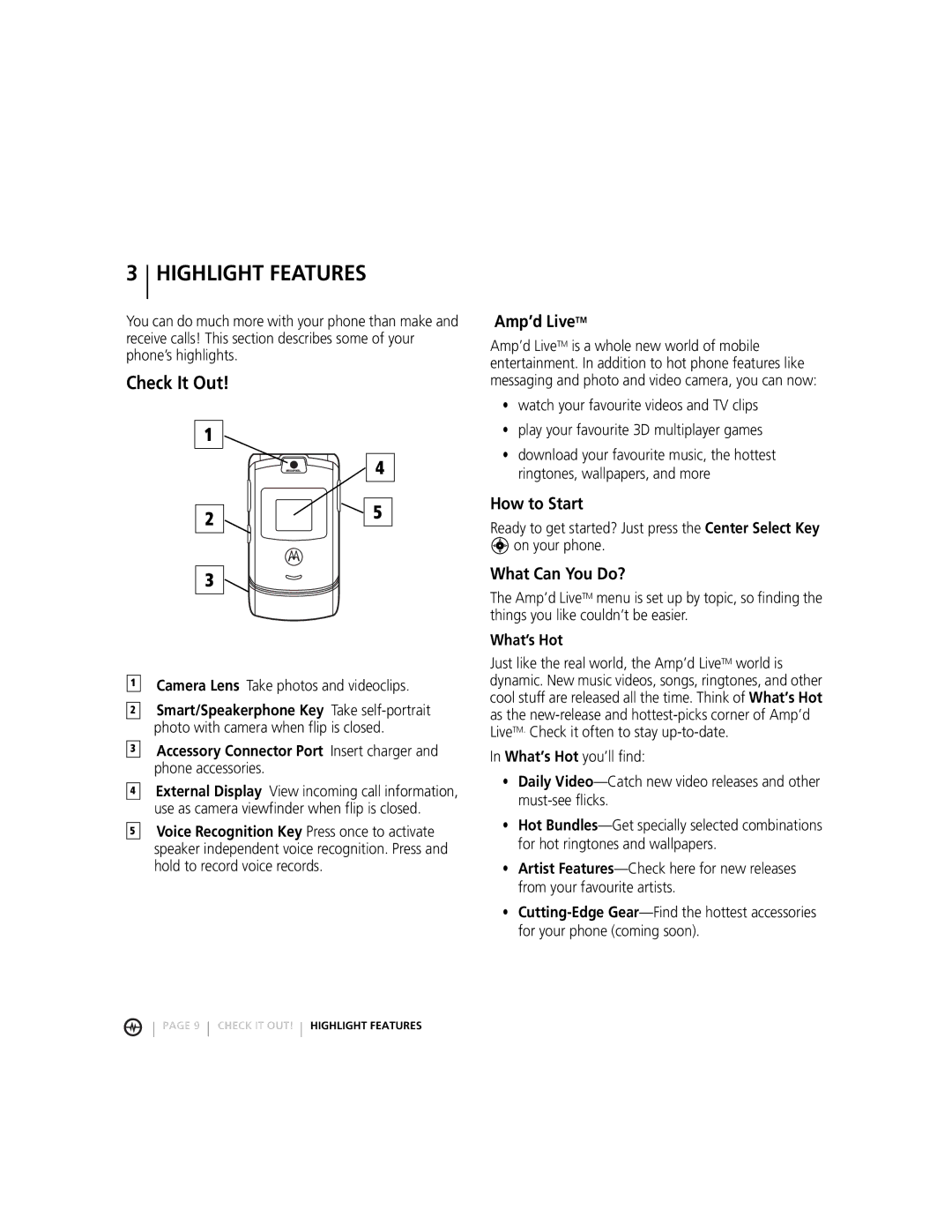 Motorola MOTORAZRTM manual Highlight Features, Check It Out, Amp’d LiveTM, How to Start, What Can You Do? 