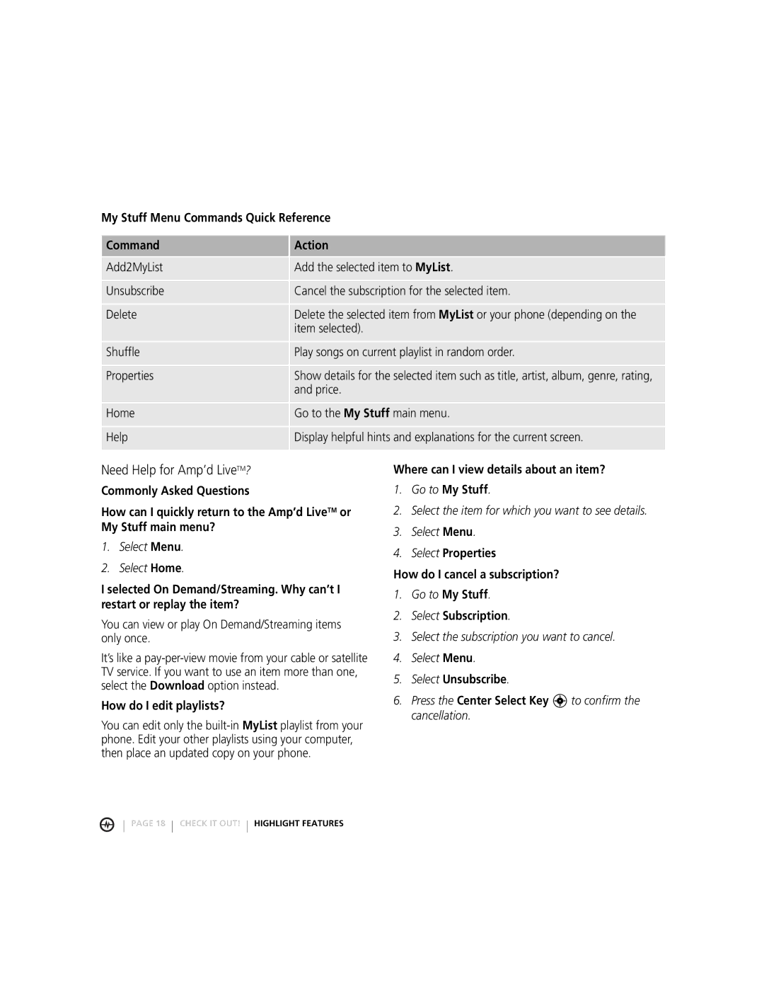 Motorola MOTORAZRTM manual My Stuff Menu Commands Quick Reference Action, Select Menu Select Home, How do I edit playlists? 