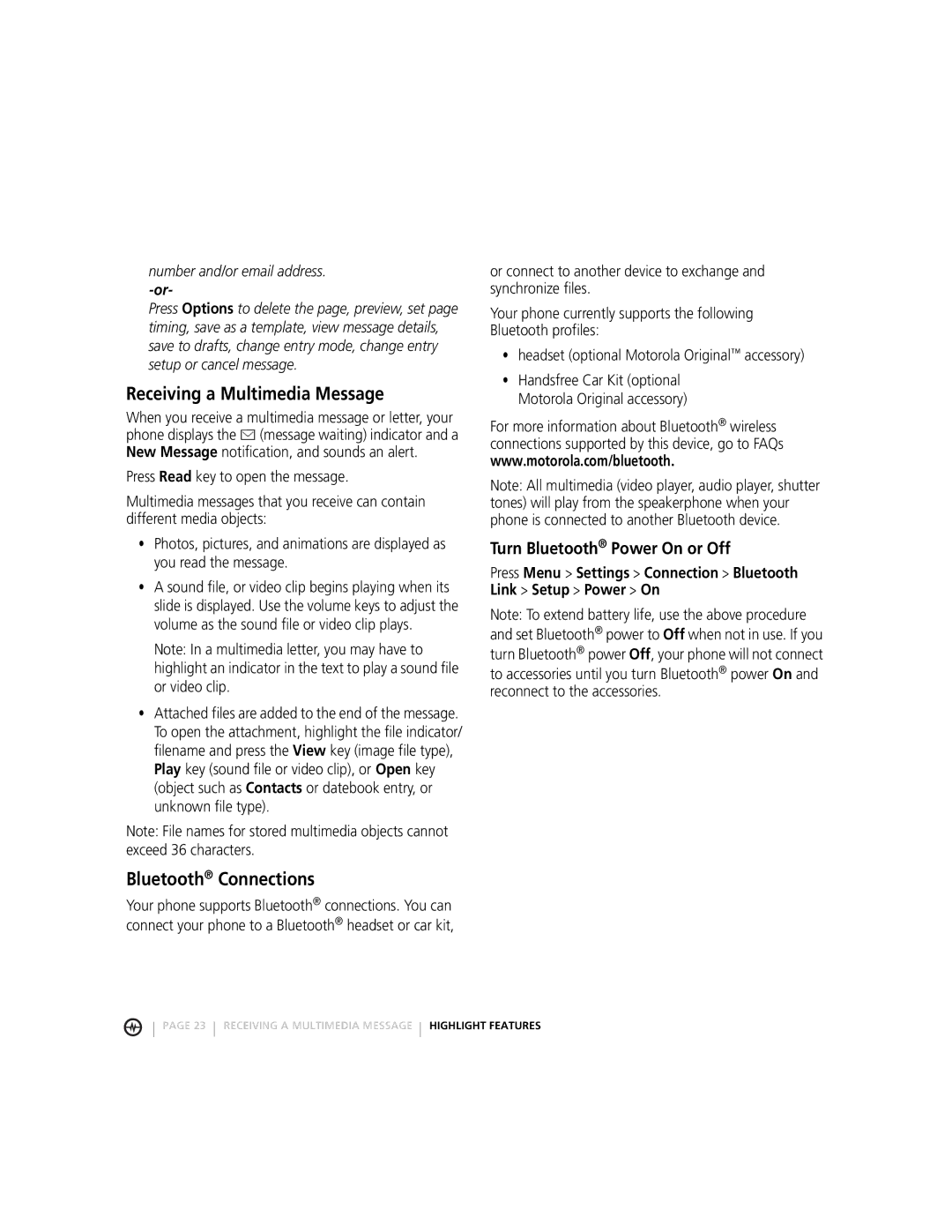 Motorola MOTORAZRTM manual Receiving a Multimedia Message, Bluetooth Connections, Turn Bluetooth Power On or Off 