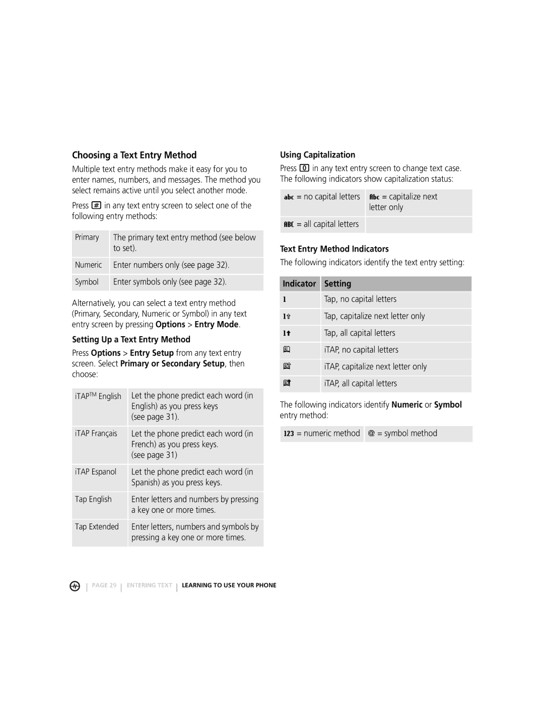 Motorola MOTORAZRTM Choosing a Text Entry Method, Setting Up a Text Entry Method, Using Capitalization, Indicator Setting 