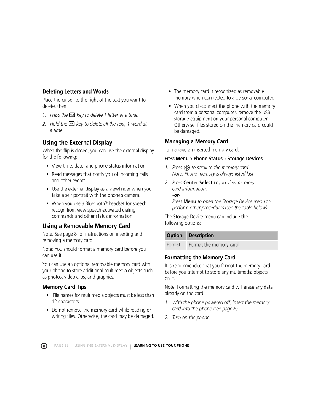 Motorola MOTORAZRTM manual Using the External Display, Using a Removable Memory Card 