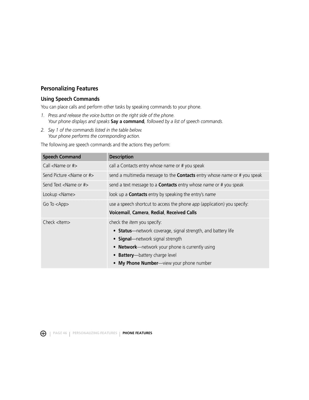 Motorola MOTORAZRTM manual Personalizing Features, Using Speech Commands, Speech Command Description 