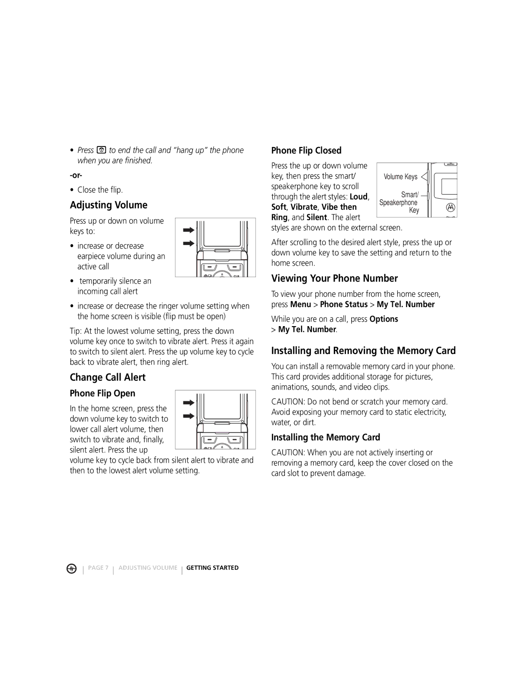 Motorola MOTORAZRTM manual Adjusting Volume, Viewing Your Phone Number, Change Call Alert 