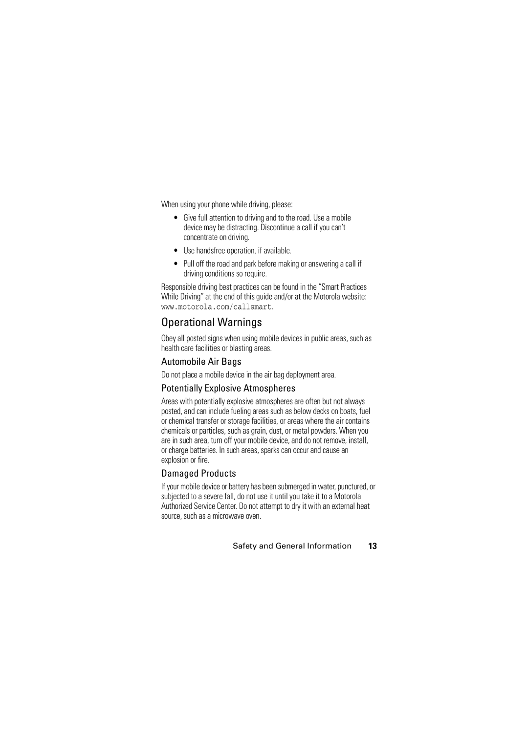 Motorola Motorola Wireless Phone, C168 manual Operational Warnings, Automobile Air Bags, Potentially Explosive Atmospheres 