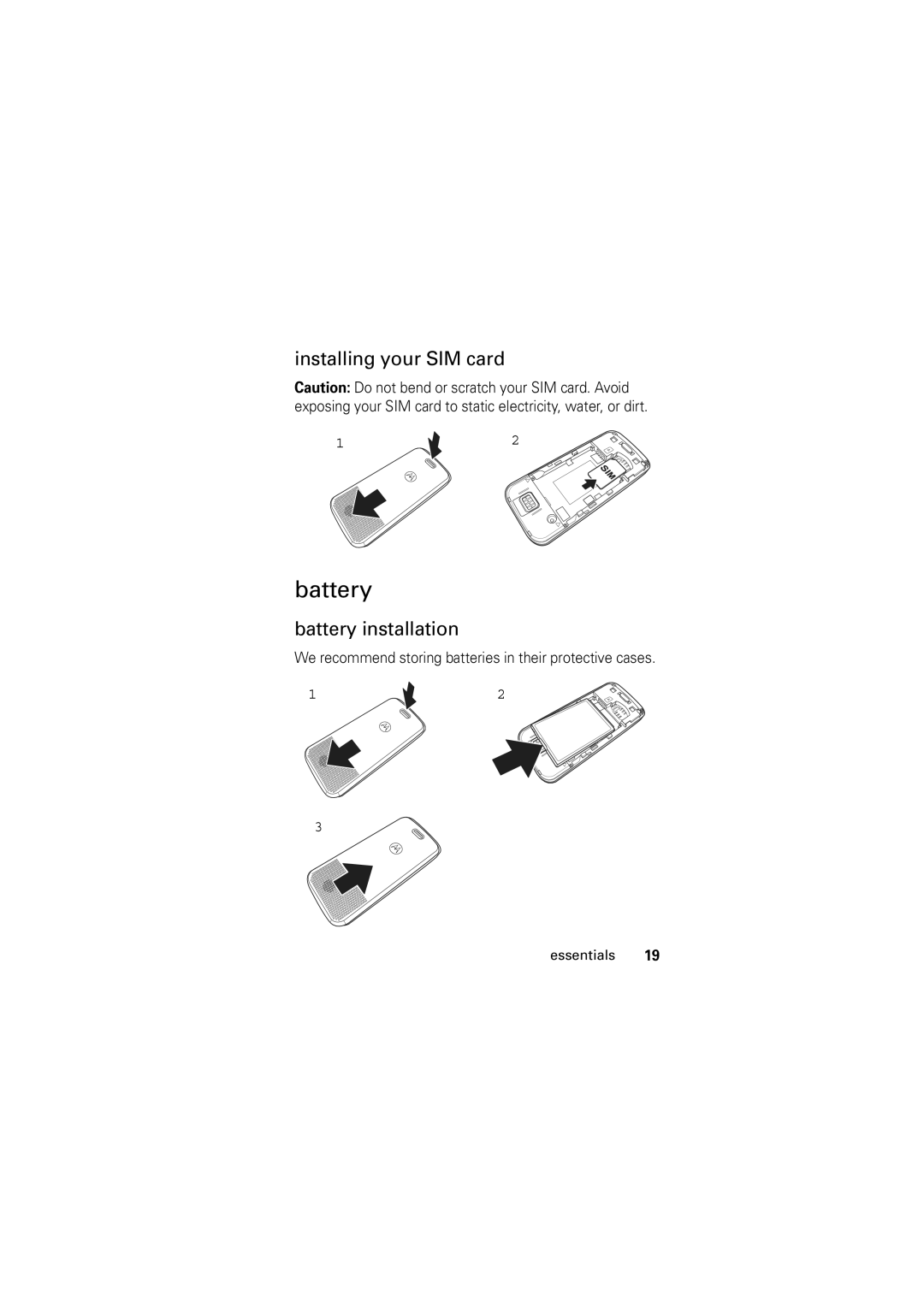 Motorola Motorola Wireless Phone, C168 manual Installing your SIM card, Battery installation 