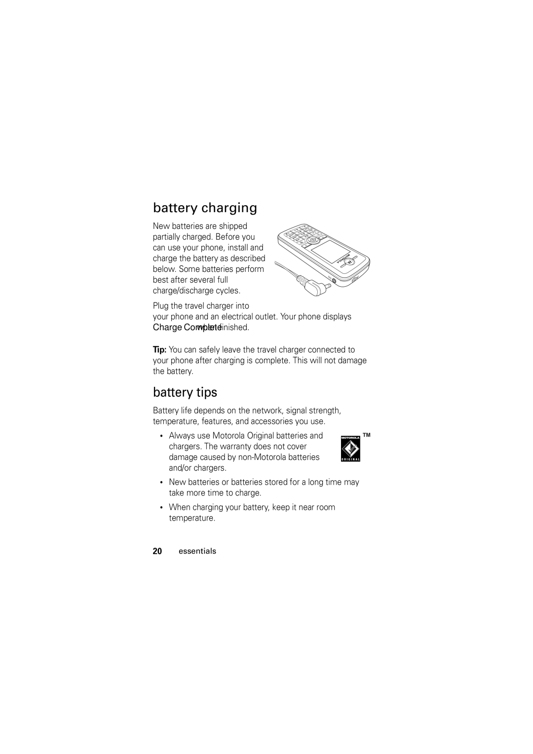 Motorola C168, Motorola Wireless Phone manual Battery charging, Battery tips 