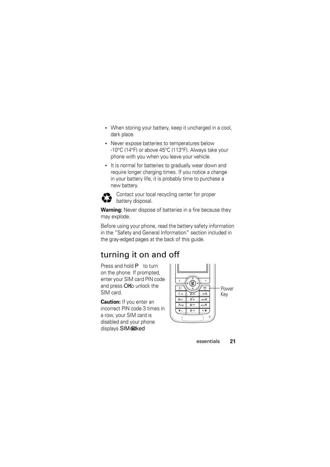 Motorola Motorola Wireless Phone, C168 manual Turning it on and off 