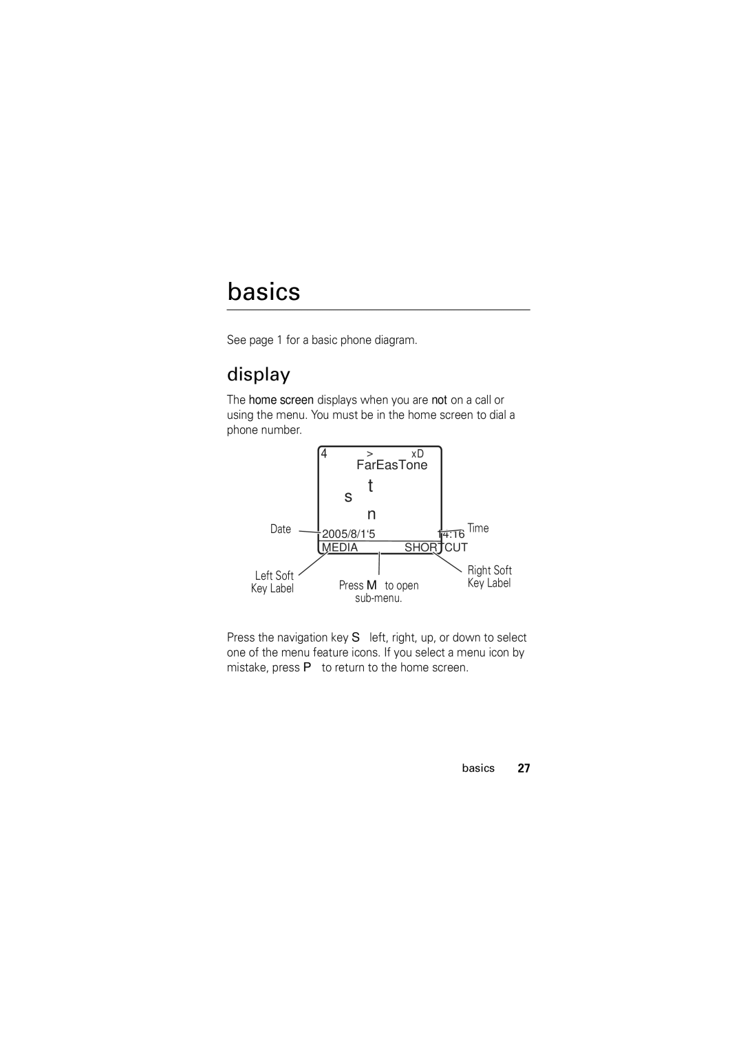 Motorola Motorola Wireless Phone, C168 manual Basics, Display, See page 1 for a basic phone diagram, Sub-menu 