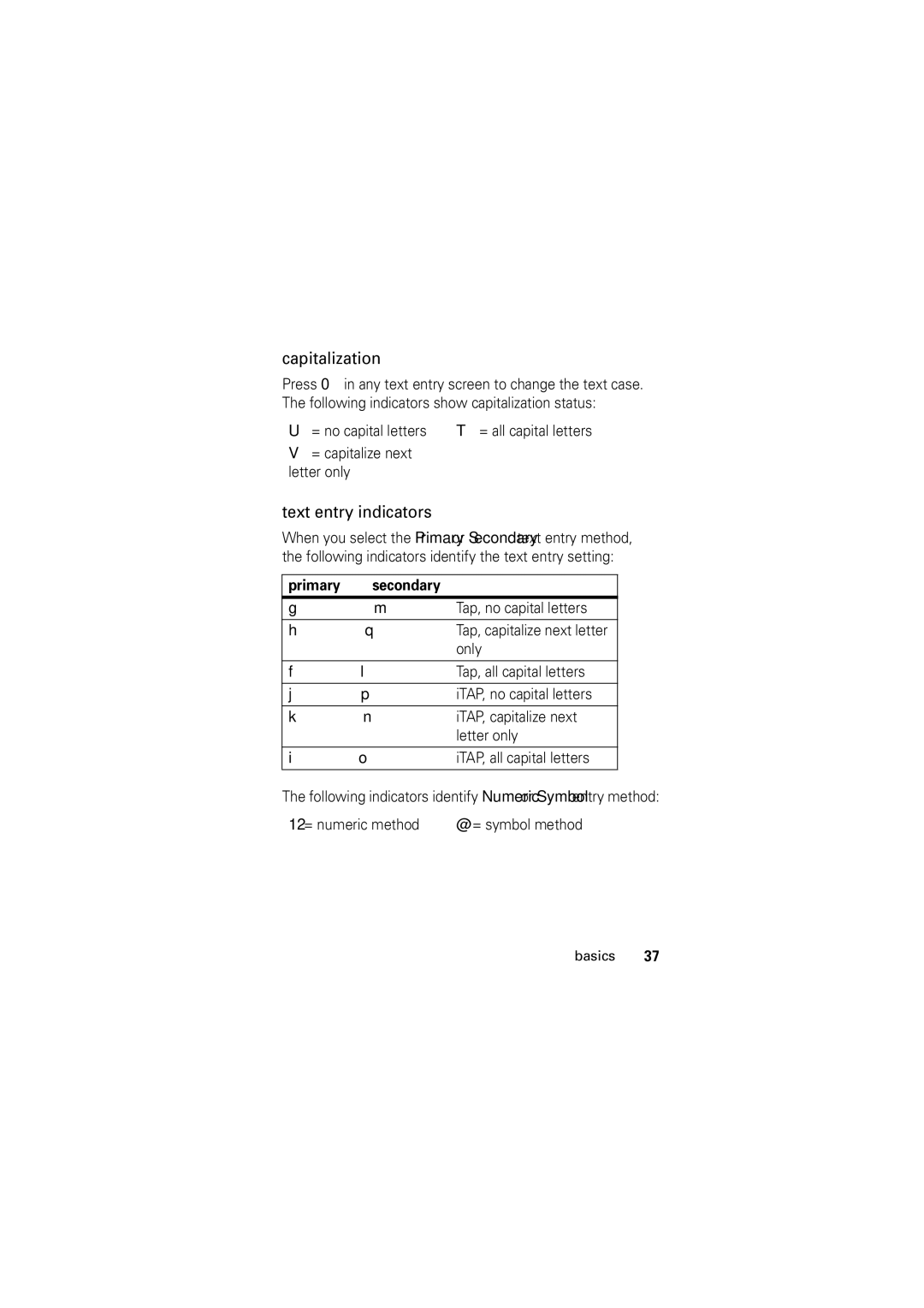 Motorola Motorola Wireless Phone, C168 manual Capitalization, Text entry indicators, Primary Secondary 