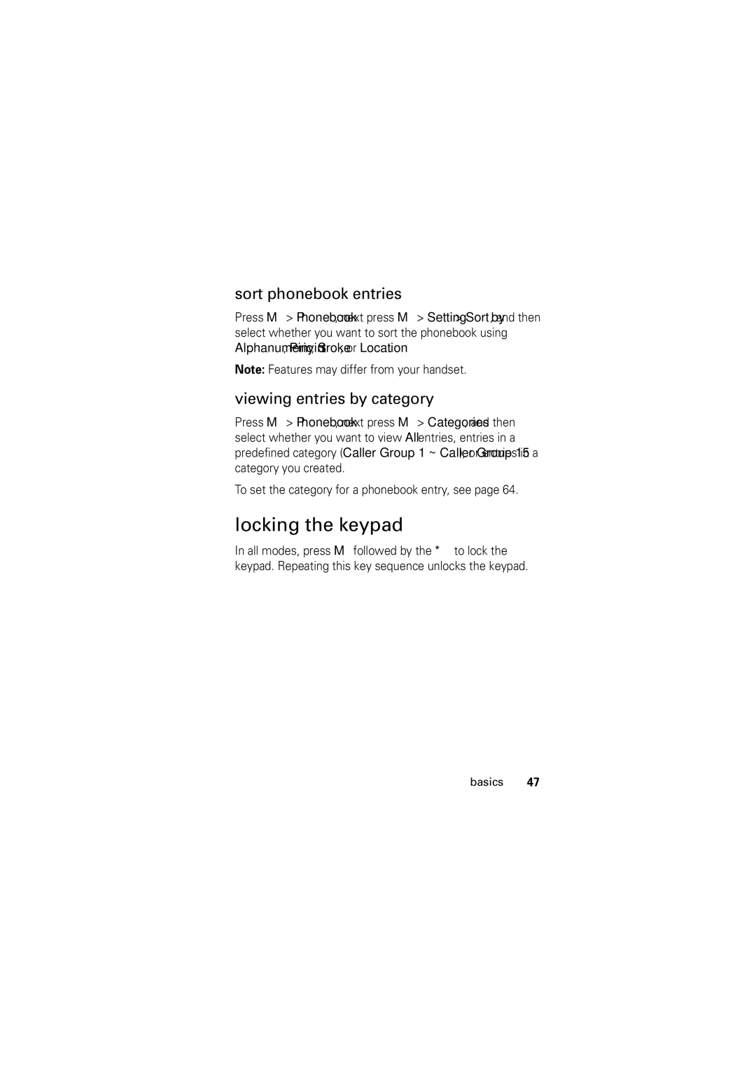 Motorola Motorola Wireless Phone, C168 manual Locking the keypad, Sort phonebook entries, Viewing entries by category 