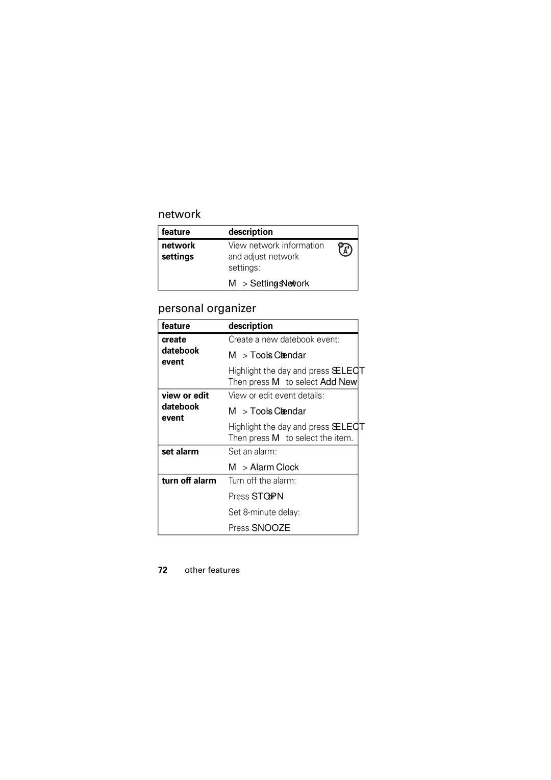 Motorola C168, Motorola Wireless Phone manual Network, Personal organizer, Set alarm, Turn off alarm 