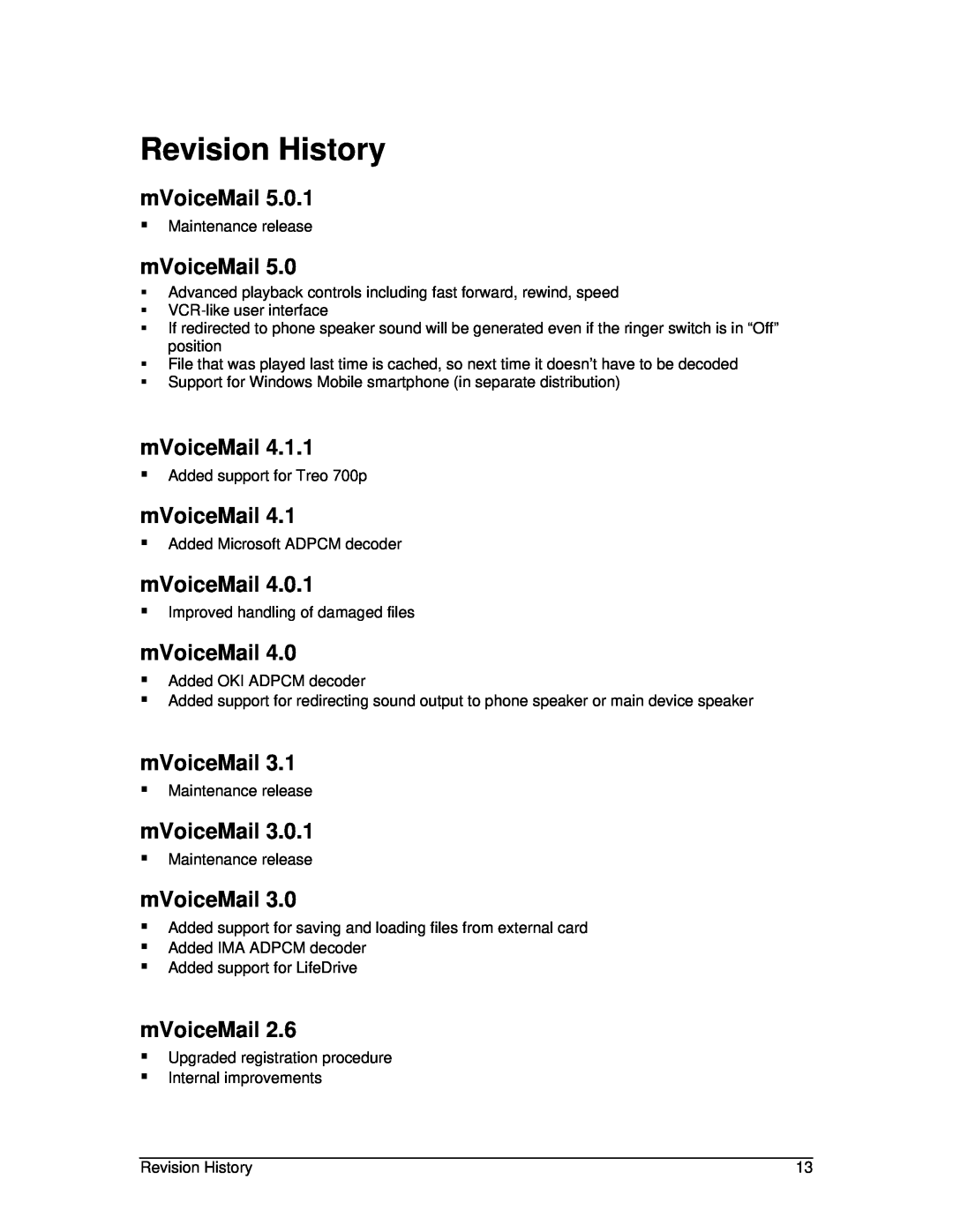Motorola motorola user manual Revision History, mVoiceMail 