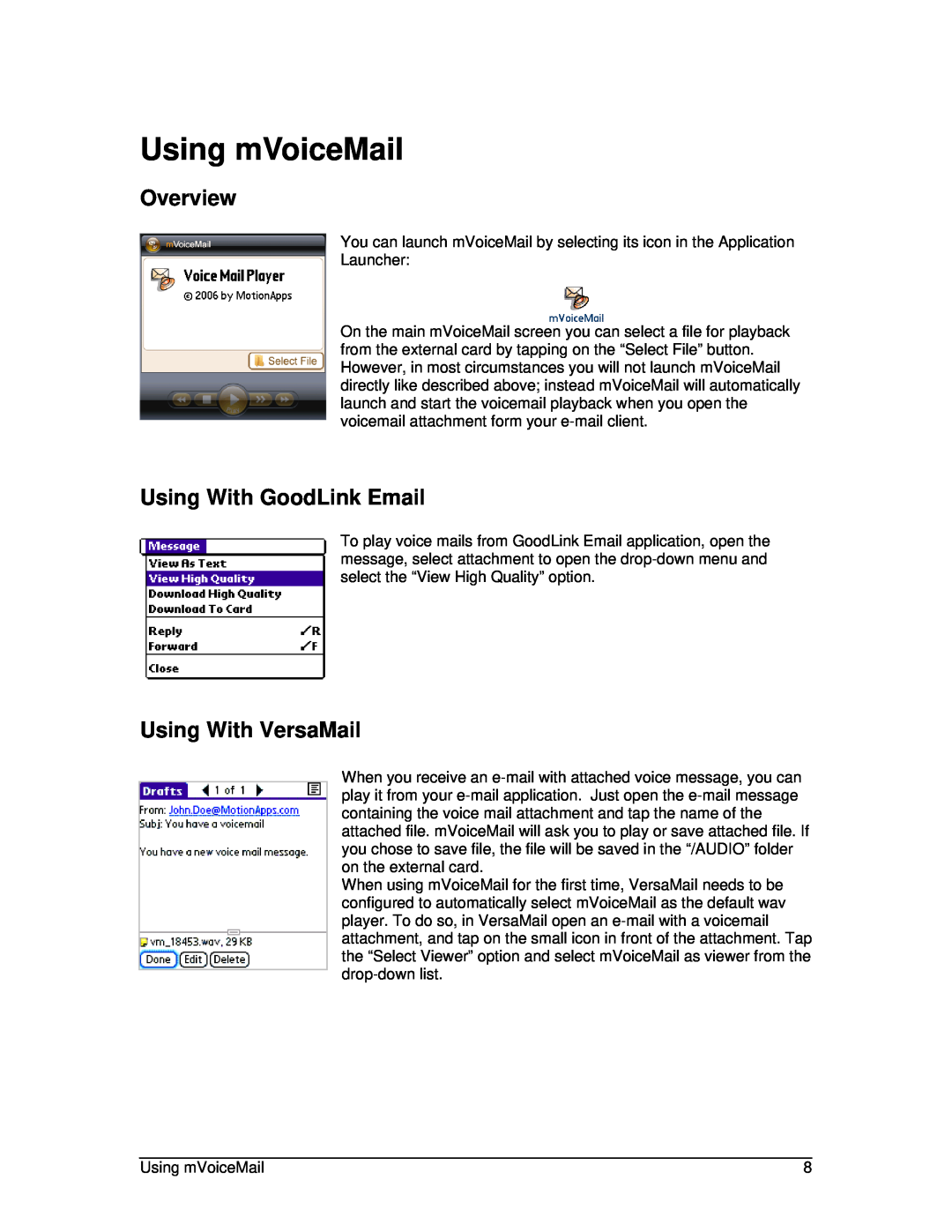 Motorola motorola user manual Using mVoiceMail, Overview, Using With GoodLink Email, Using With VersaMail 