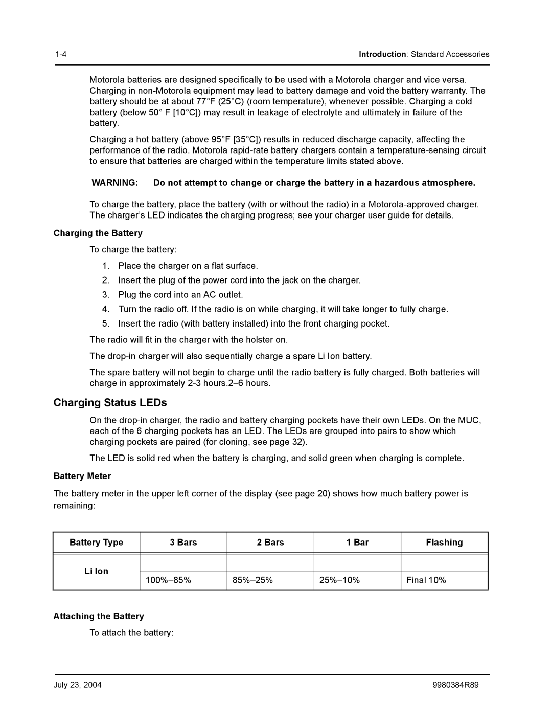 Motorola MotoTalk manual Charging Status LEDs, Charging the Battery, Battery Meter, Battery Type Bars Flashing 