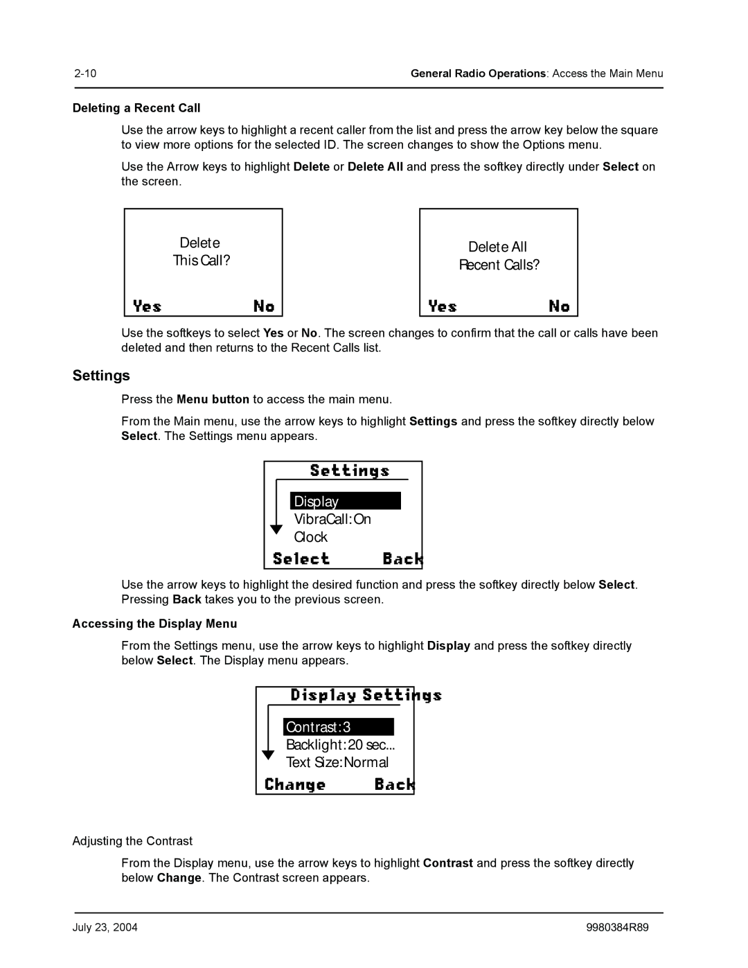 Motorola MotoTalk manual YesNo, Display Settings, Change Back 