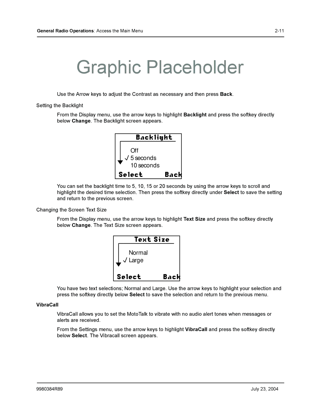 Motorola MotoTalk manual Backlight, Text Size, VibraCall 