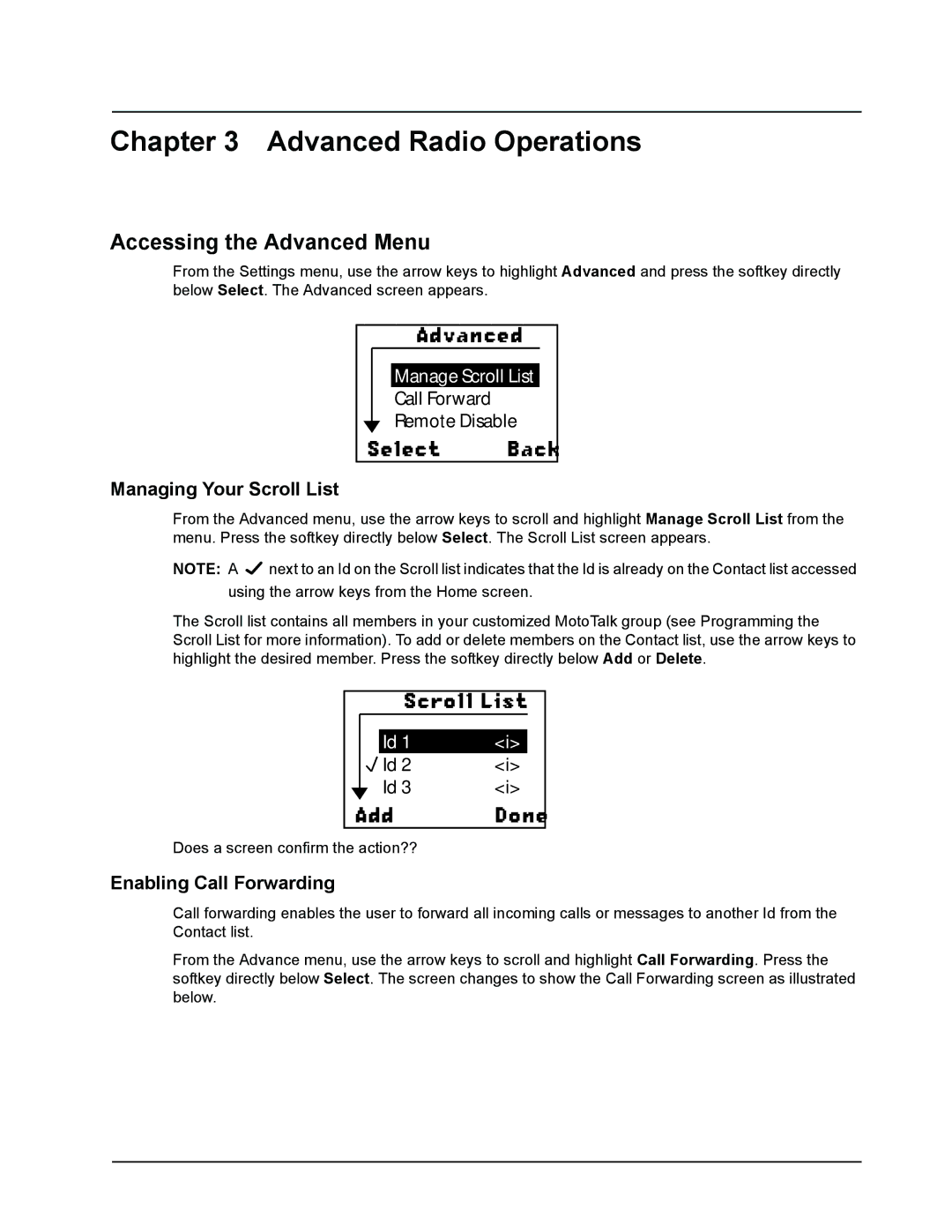 Motorola MotoTalk manual Advanced Radio Operations, Accessing the Advanced Menu, Managing Your Scroll List 