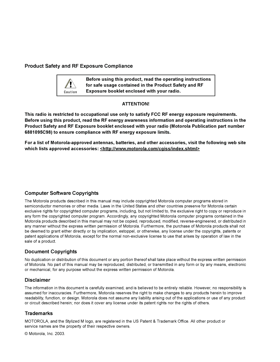 Motorola MotoTalk Before using this product, read the operating instructions, Exposure booklet enclosed with your radio 