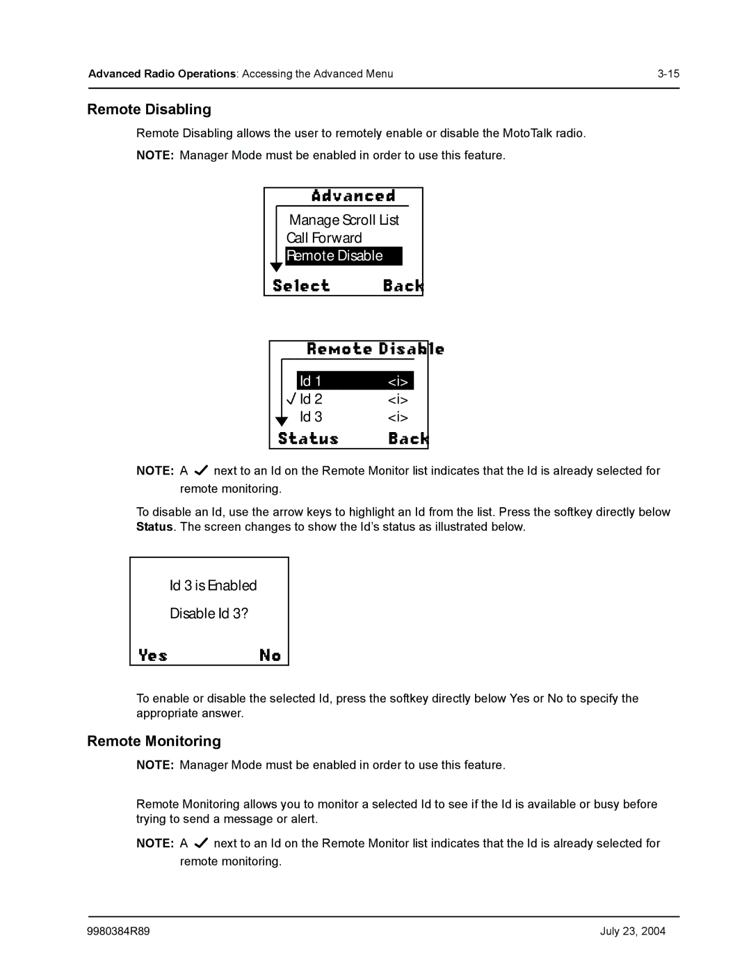 Motorola MotoTalk manual Remote Disabling, Select Back Remote Disable Status, Remote Monitoring 