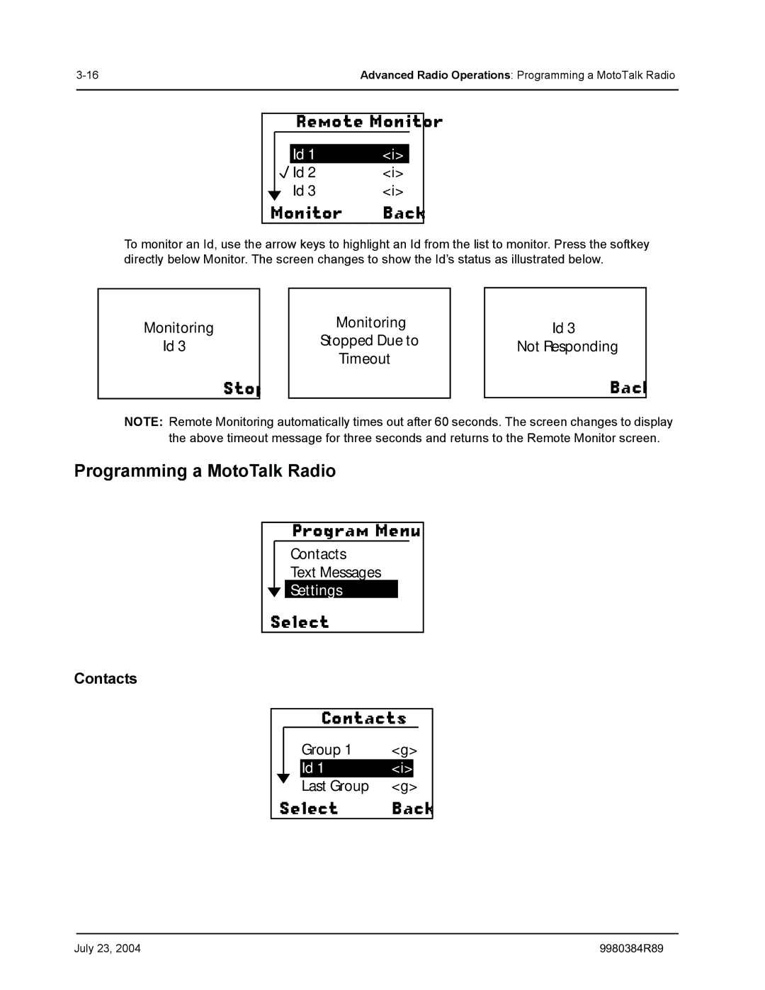 Motorola manual Programming a MotoTalk Radio, Contacts 