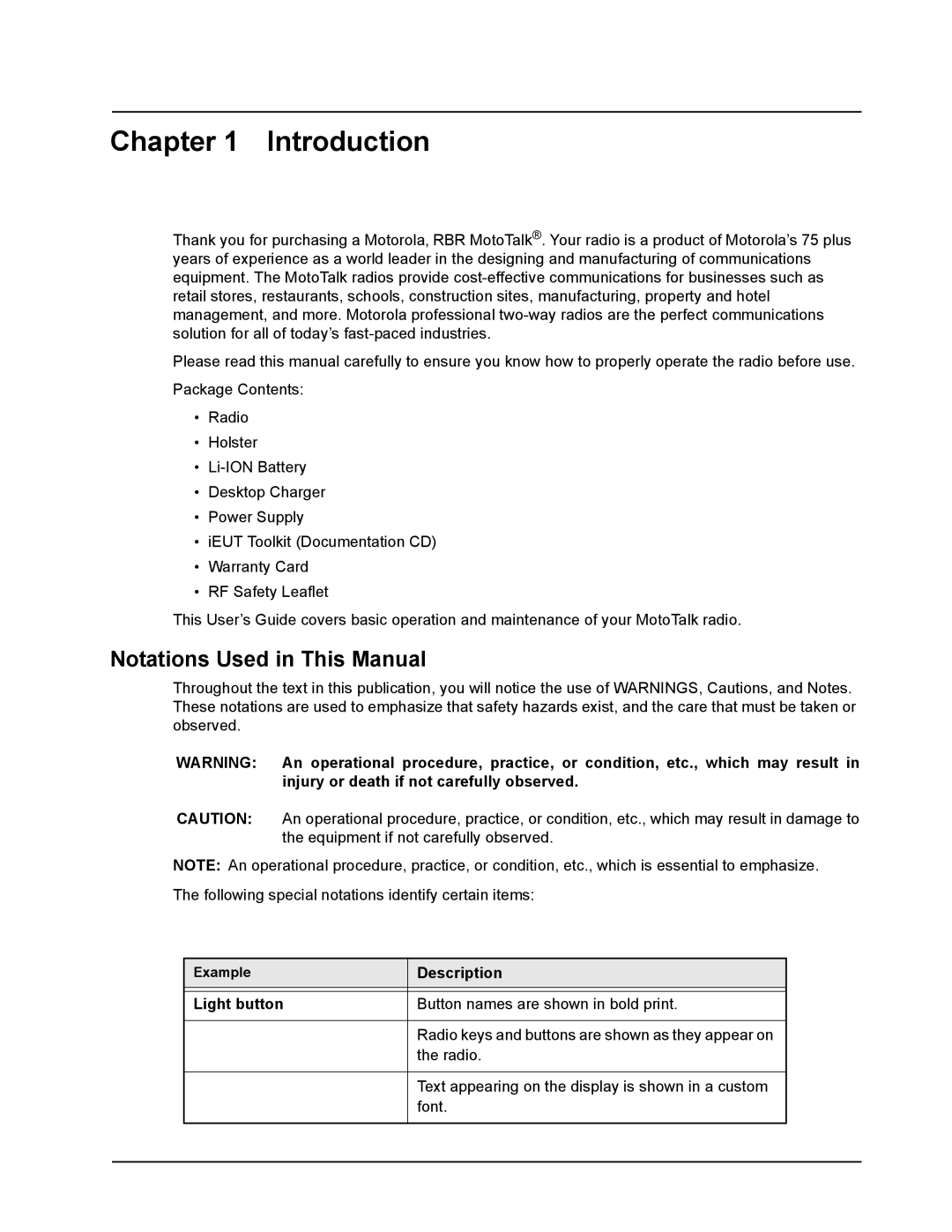 Motorola MotoTalk manual Introduction, Notations Used in This Manual, Description Light button 