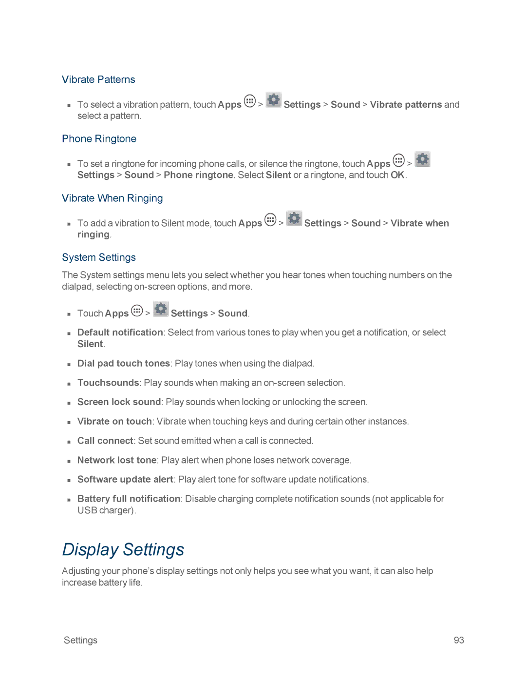 Motorola MOTOXT897 manual Display Settings, Vibrate Patterns, Phone Ringtone, Vibrate When Ringing, System Settings 